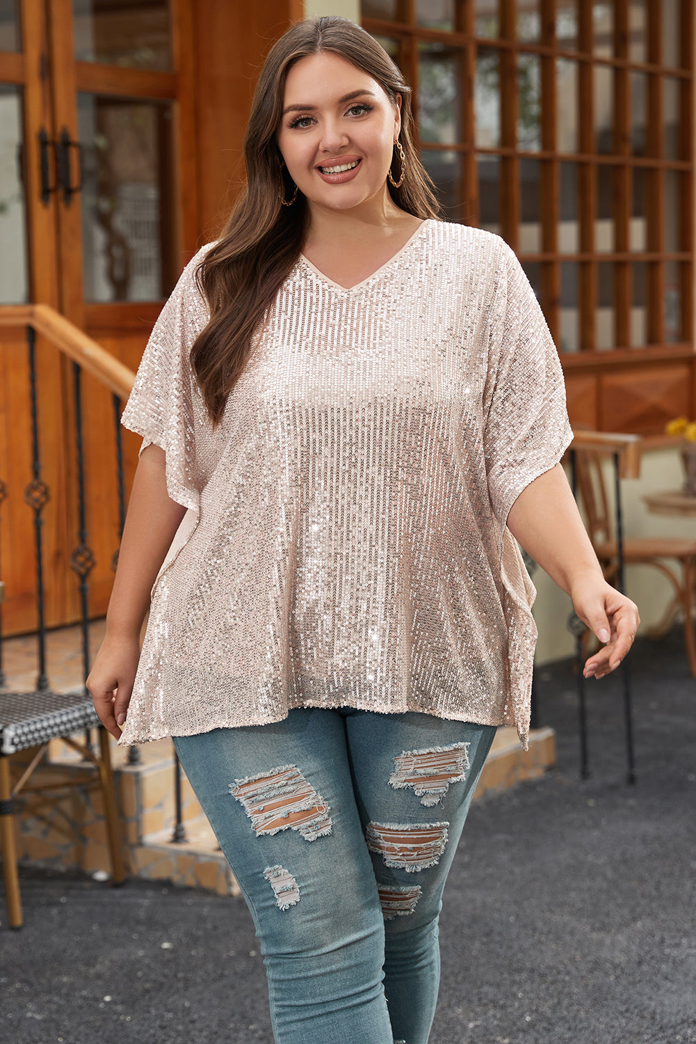 Aileen Plus Size Sequined V Neck Boxy Top