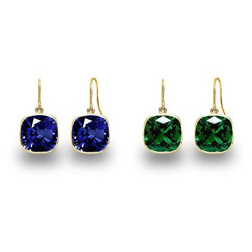 5.00 CTW Lab Grown Sapphire and Emerald Cushion Cut Drop Earrings Set - 14K Gold (2 Pairs)