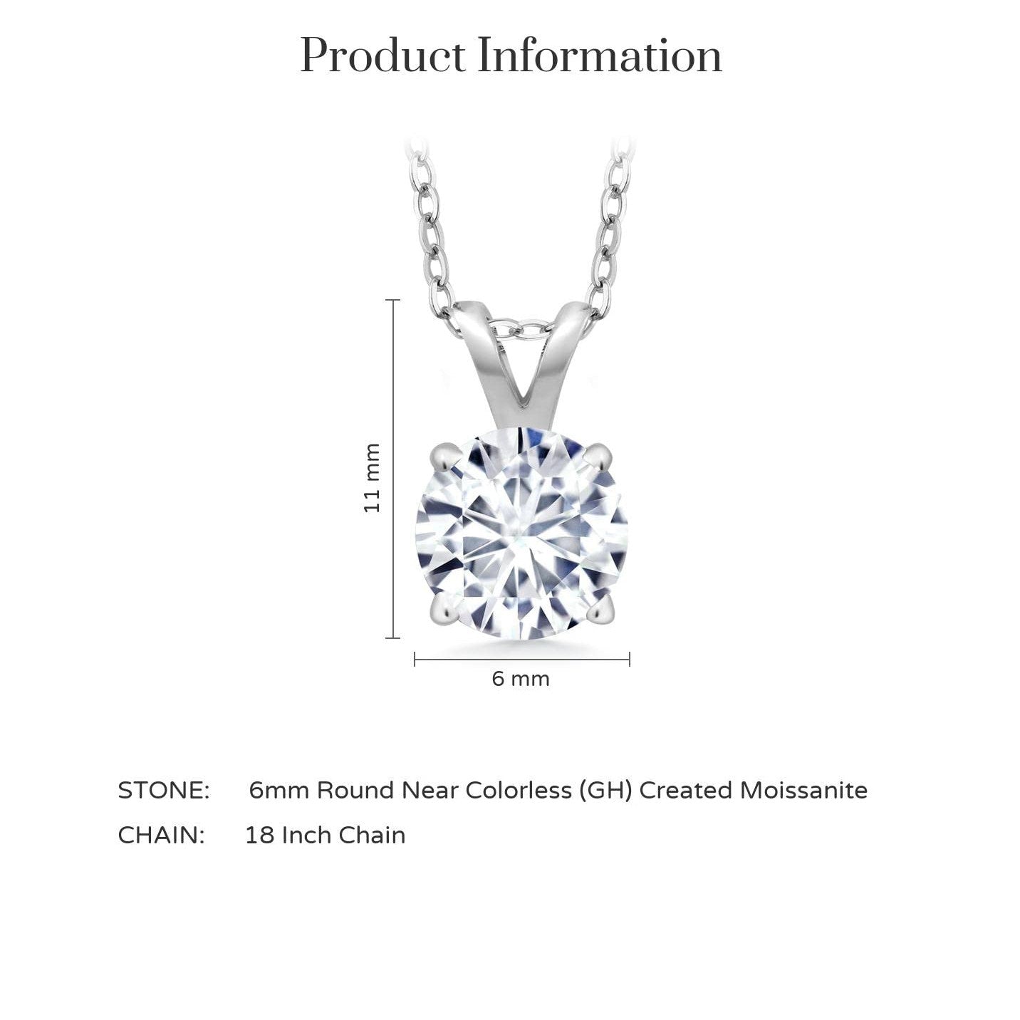 2CTW Created Moissanite Solitaire Pendant Necklace with 18" Chain - Choice of 14k White or Yellow Gold