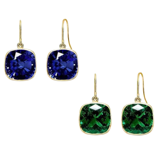 5.00 CTW Lab Grown Sapphire and Emerald Cushion Cut Drop Earrings Set - 14K Gold (2 Pairs)