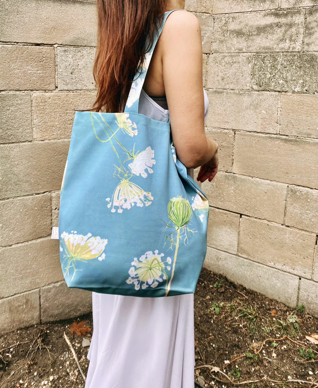 Tote Bag: Queen Anne's Lace on Teal